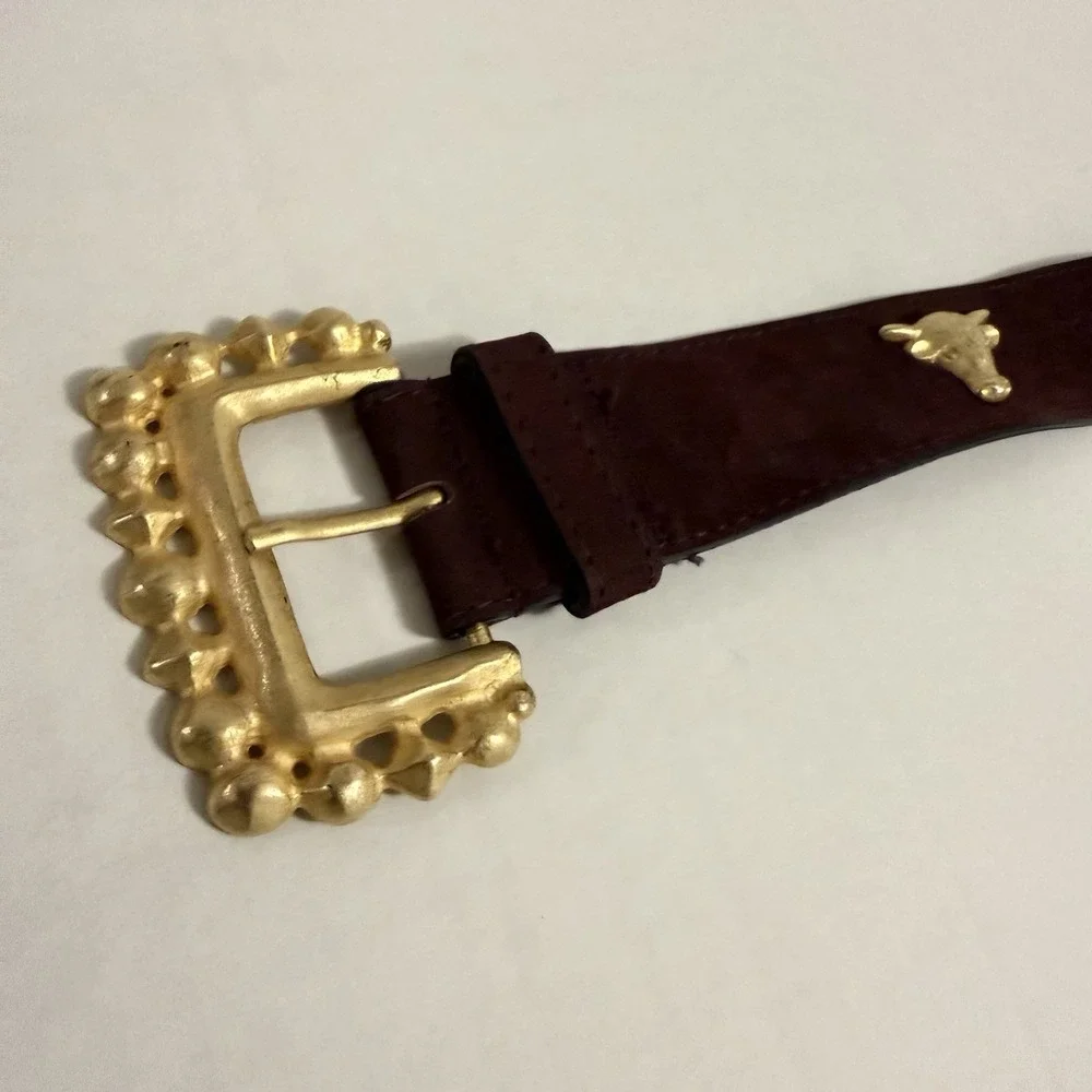 Crisca Dark Brown Leather Belt Gold Trim, Cow, Steer Horns. Made In Italy. 34 In